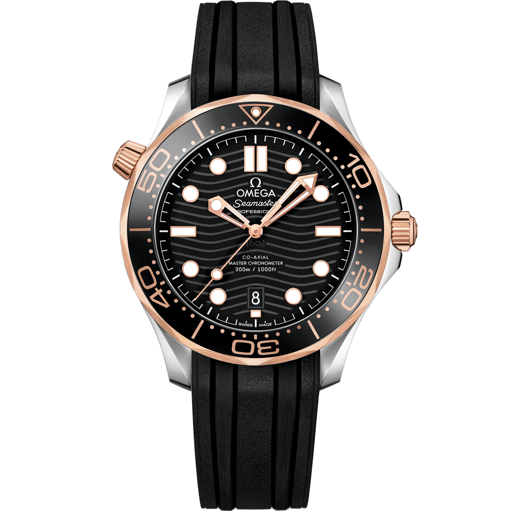 Seamaster Diver 300M 42 mm, steel - Sedna™ gold on rubber strap - 21022422001002 - View 1