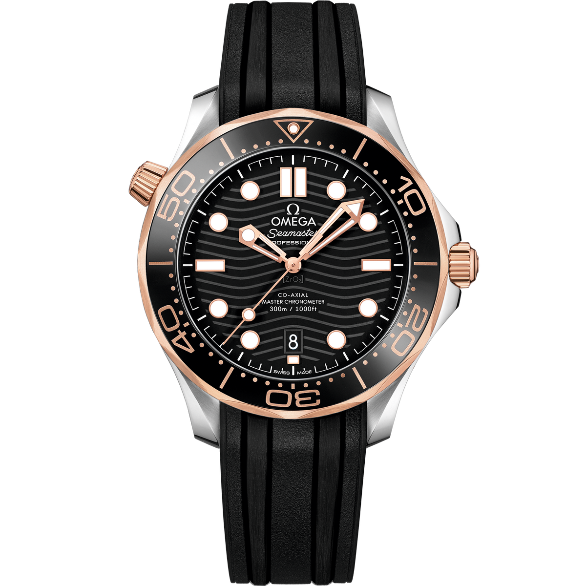 Seamaster Diver 300M 42 mm, steel - Sedna™ gold on rubber strap - 21022422001002 - View 1
