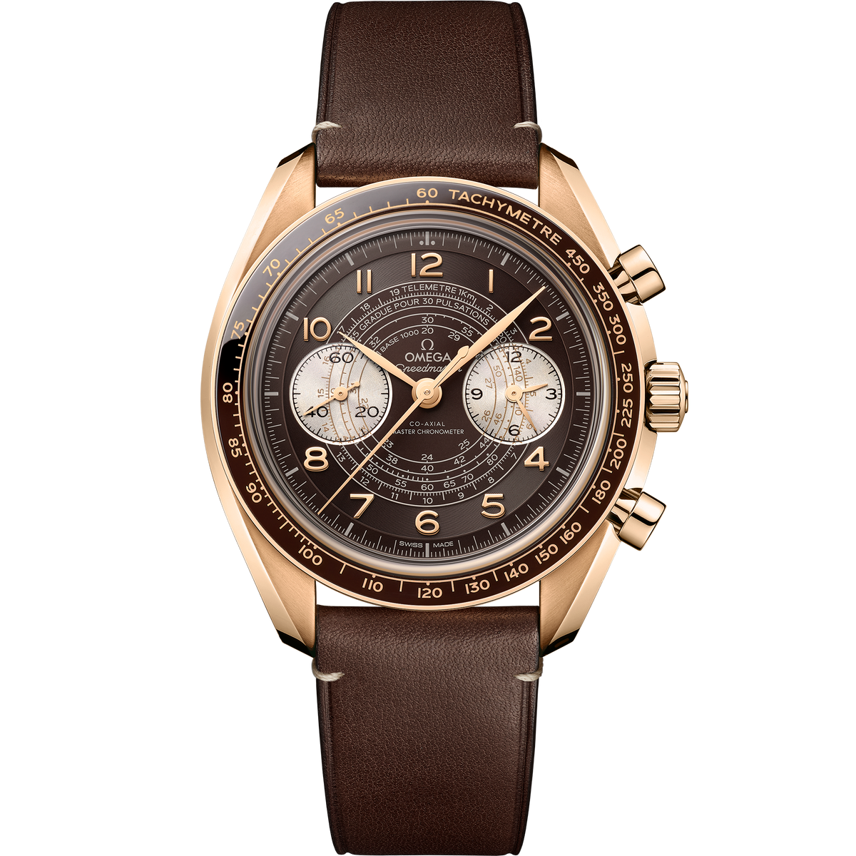 Speedmaster Chronoscope 43 mm, Bronze gold on leather strap - 32992435110001 - View 1
