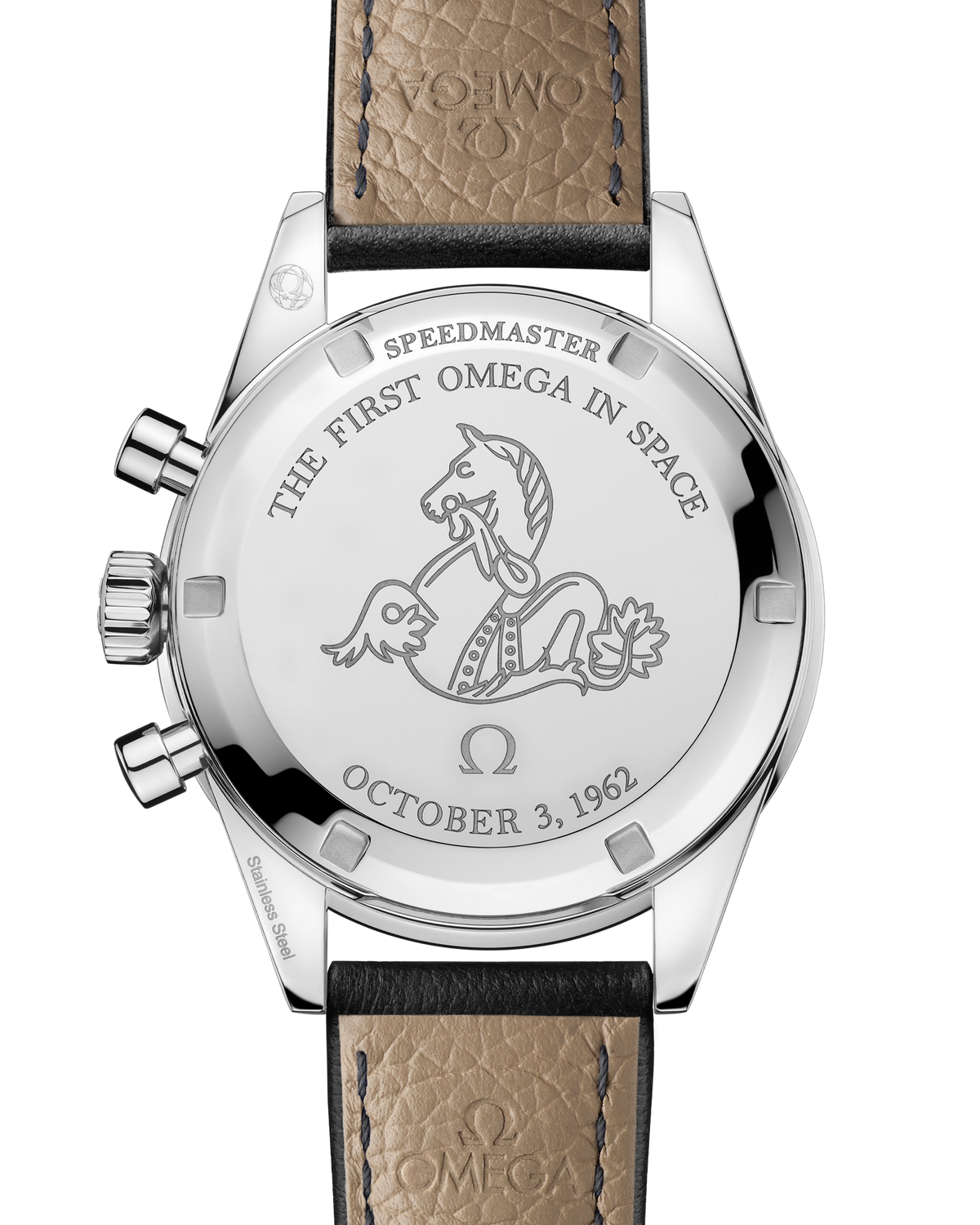 Speedmaster First OMEGA in Space 39.7 mm, steel on leather strap - 31032405006001 - View 2