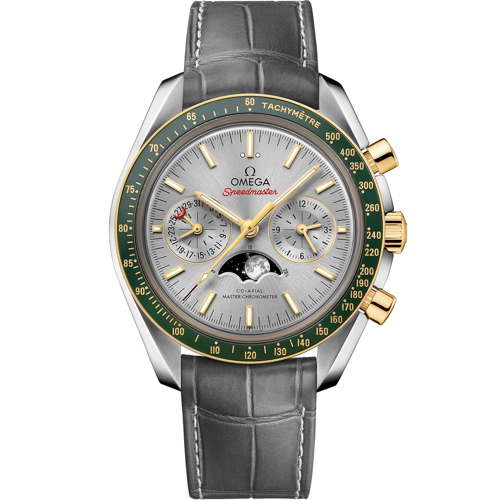 Speedmaster Moonphase 44.25 mm, steel - yellow gold on leather strap - 30423445206001 - View 1