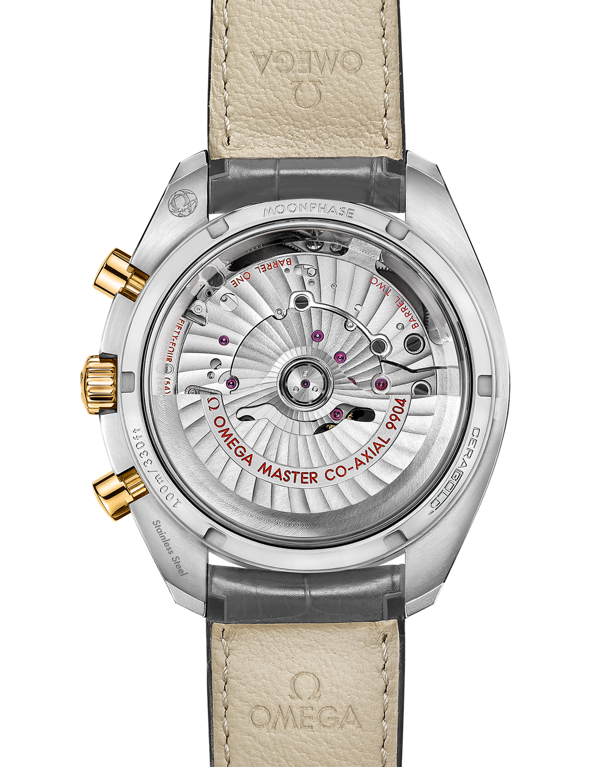 Speedmaster Moonphase 44.25 mm, steel - yellow gold on leather strap - 30423445206001 - View 2