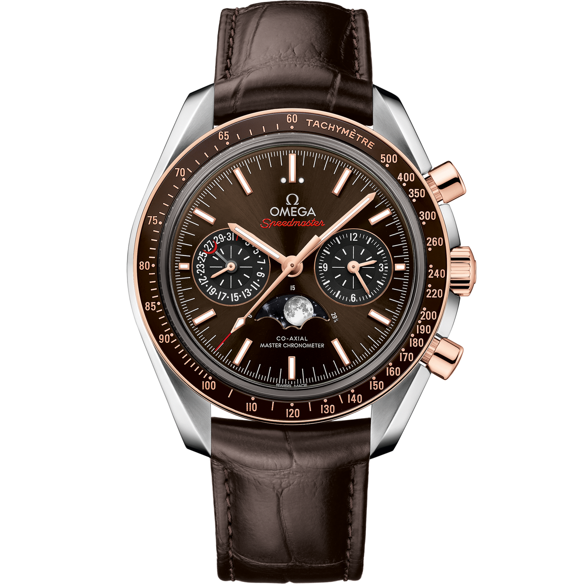 Speedmaster Moonphase 44.25 mm, steel - Sedna™ gold on leather strap - 30423445213001 - View 1
