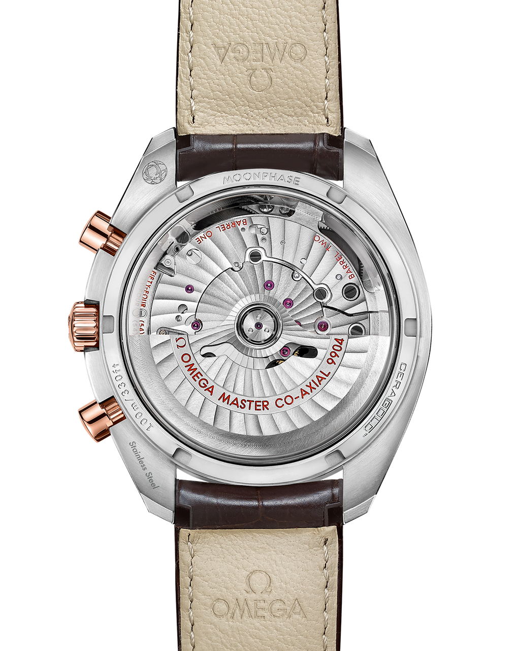 Speedmaster Moonphase 44.25 mm, steel - Sedna™ gold on leather strap - 30423445213001 - View 2