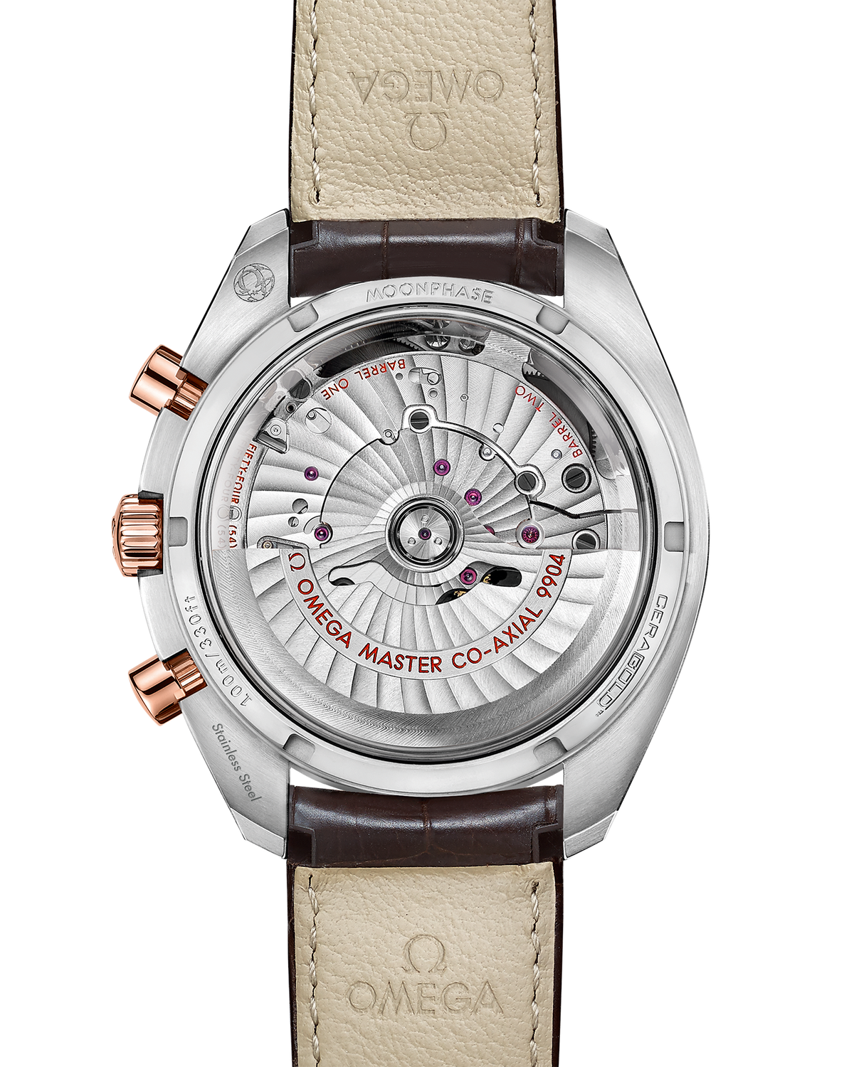 Speedmaster Moonphase 44.25 mm, steel - Sedna™ gold on leather strap - 30423445213001 - View 2
