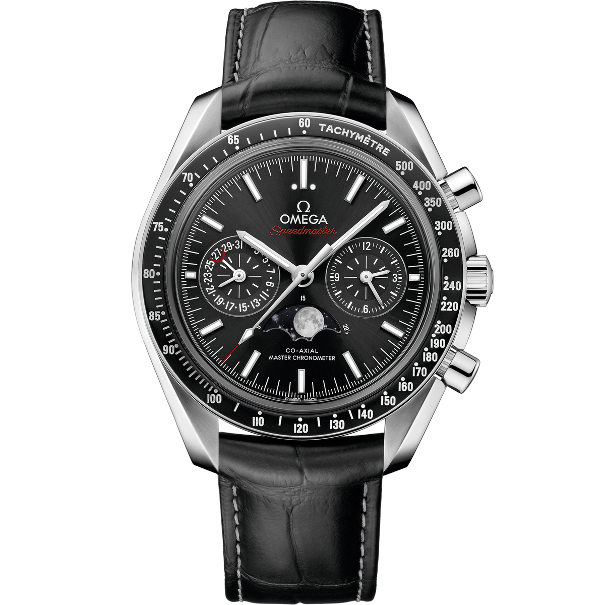 Speedmaster Moonphase 44.25 mm, steel on leather strap - 30433445201001 - View 1
