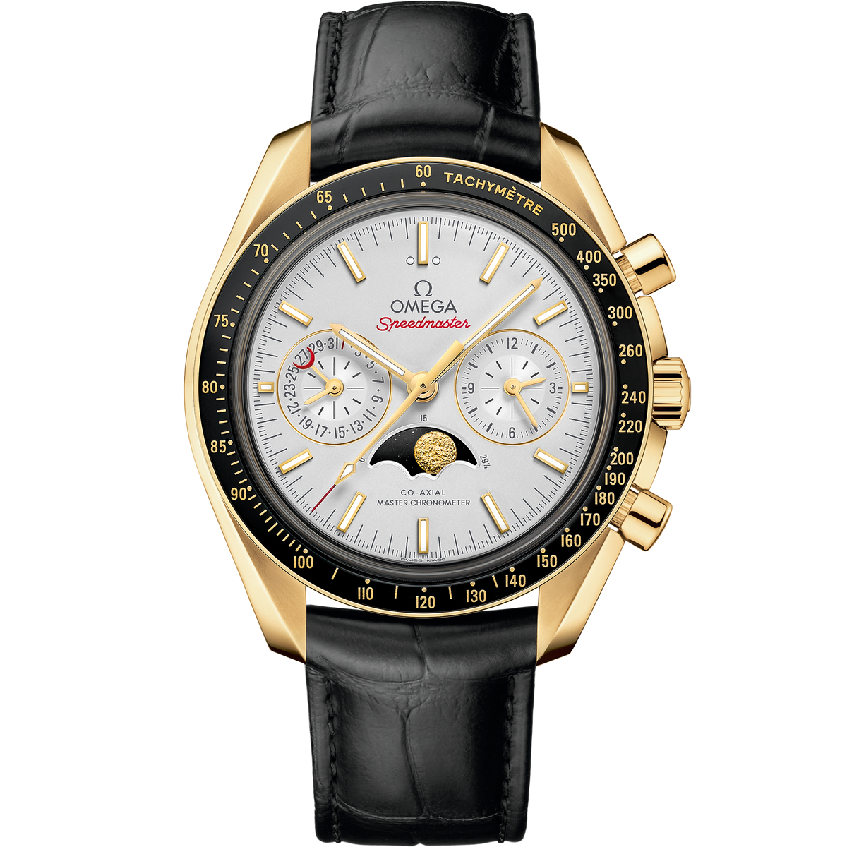Speedmaster Moonphase 44.25 mm, yellow gold on leather strap - 30463445202001 - View 1