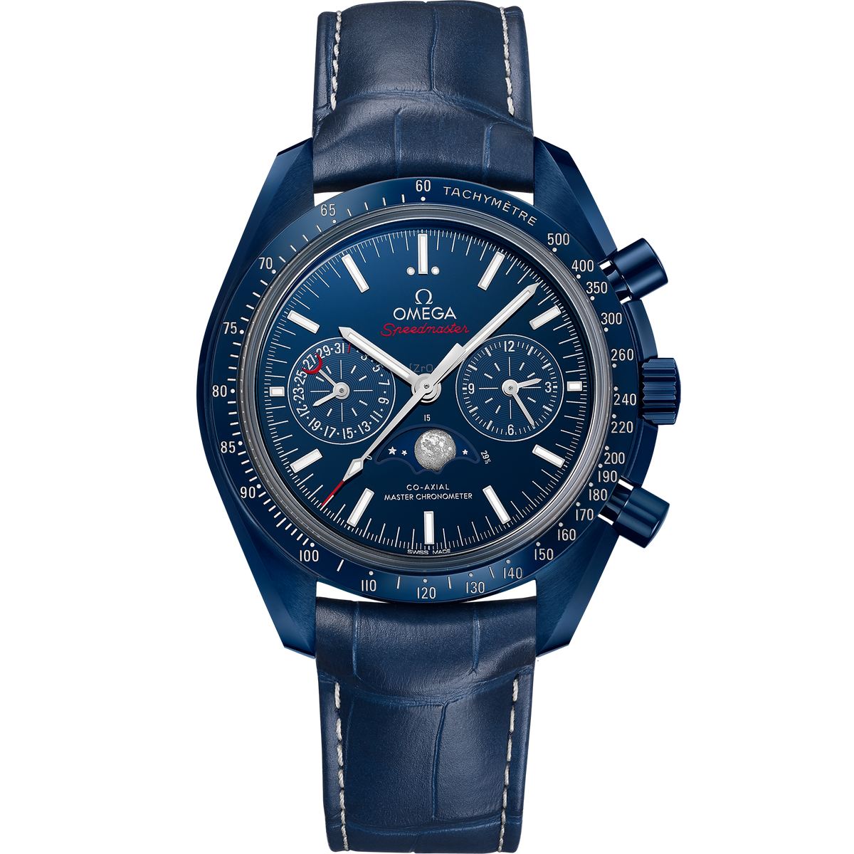 Speedmaster Moonphase 44.25 mm, blue ceramic on leather strap - 30493445203001 - View 1