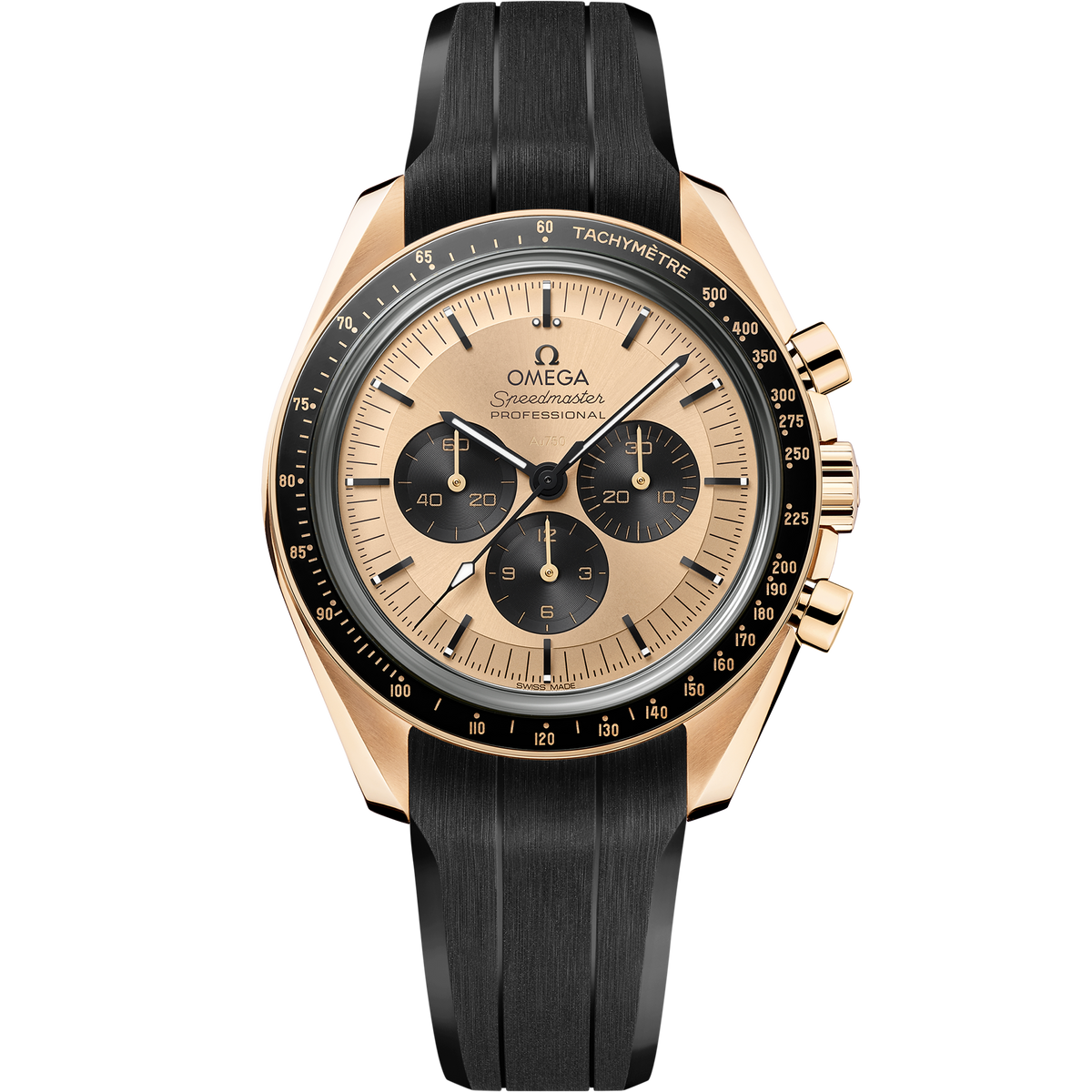 Speedmaster Moonwatch Professional 42 mm, Moonshine™ gold on rubber strap - 31062425099001 - View 1