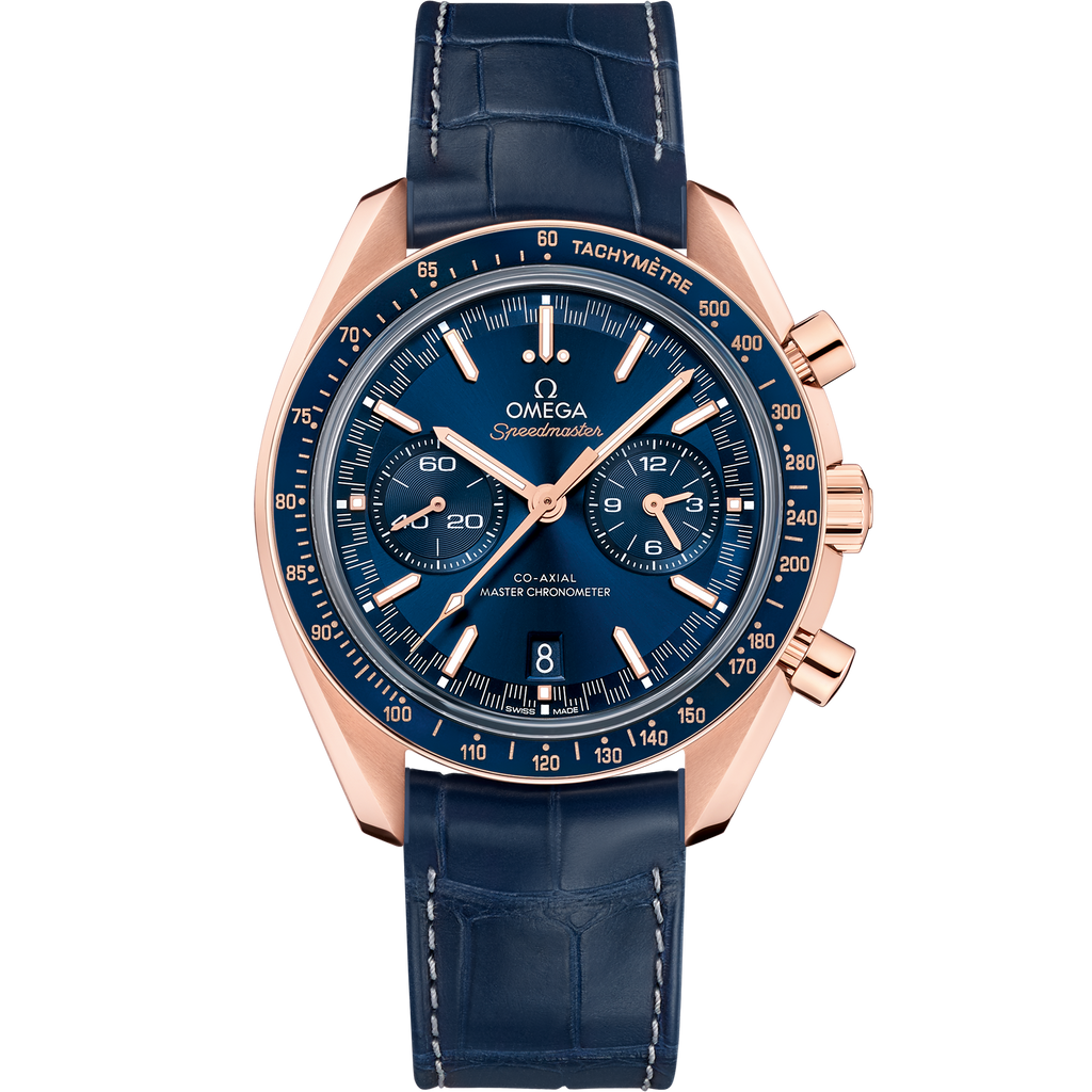 Speedmaster Racing 44.25 mm, Sedna™ gold on leather strap - 32953445103001 - View 1